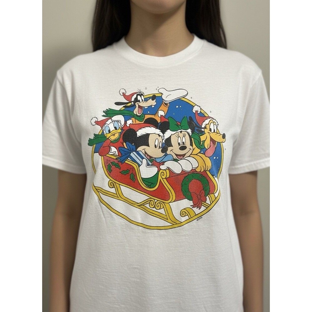 Vintage Disney Christmas Sleigh Mickey Donald Goofy Pluto T-Shirt Y2K Small